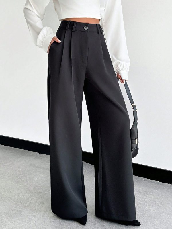 Solid Slant Pocket Wide Leg Suit Pants