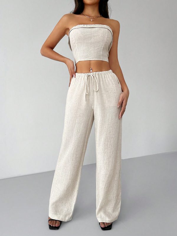 Linen Fabrics Solid Color Halter Top And Pants Casual Set