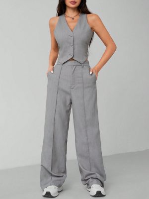 Solid Button Front Vest Blazer & Wide Leg Pants