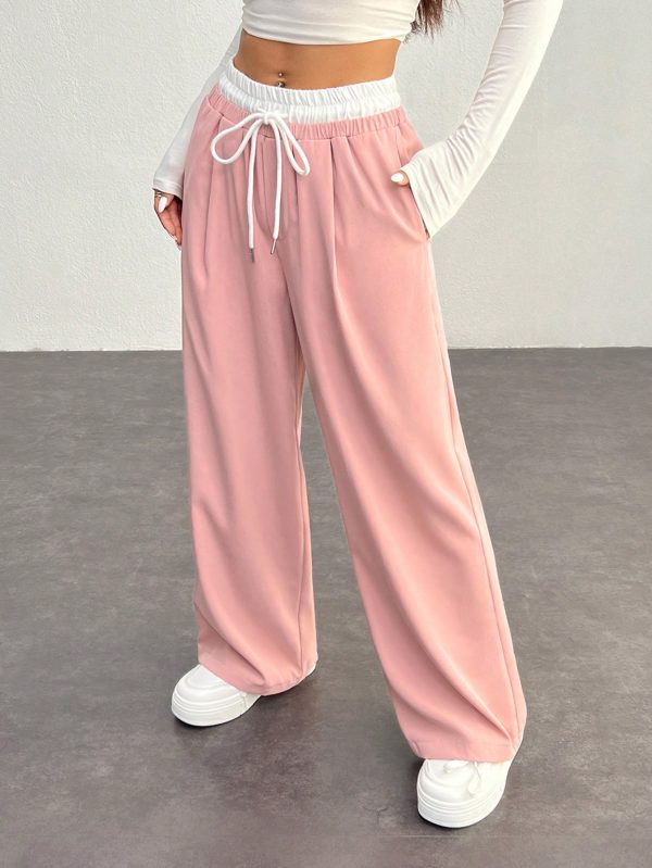 Casual Color Block Woven Drawstring Waist Pants