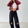 Women Solid Minimal Collared Long Sleeve Zip Up Red PU Leather Jacket