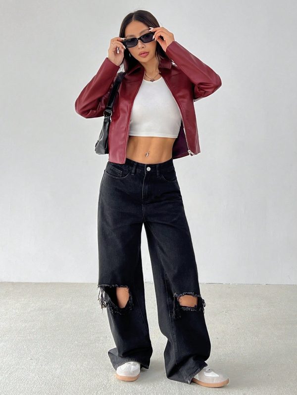 Women Solid Minimal Collared Long Sleeve Zip Up Red PU Leather Jacket