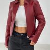 Women Solid Minimal Collared Long Sleeve Zip Up Red PU Leather Jacket