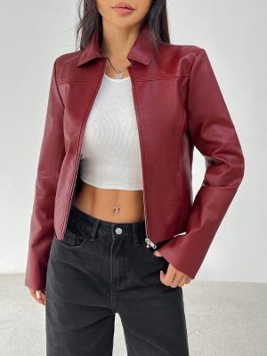 Women Solid Minimal Collared Long Sleeve Zip Up Red PU Leather Jacket