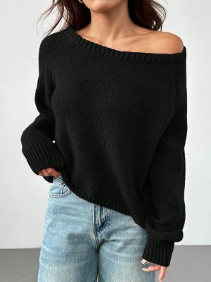 Women's Solid Color Oblique Shoulder Long Sleeve Casual Top