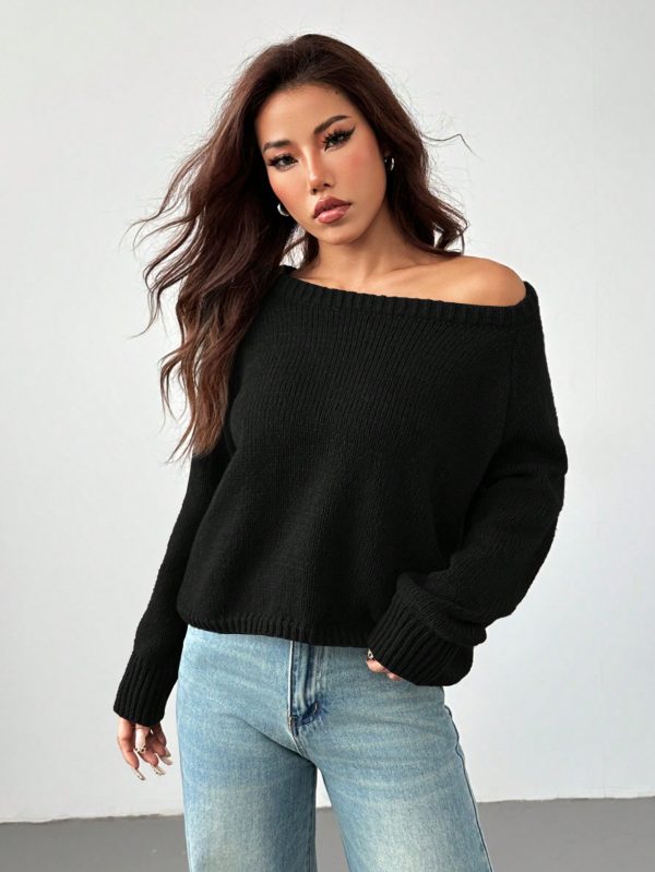 Women's Solid Color Oblique Shoulder Long Sleeve Casual Top