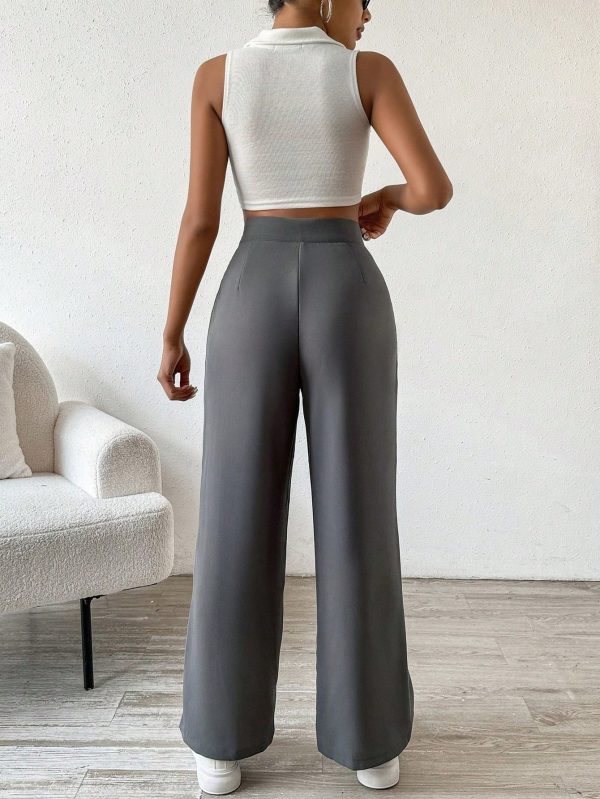 Women Plain Front Button Closure Minimalist Casual Pants, Daily Wear