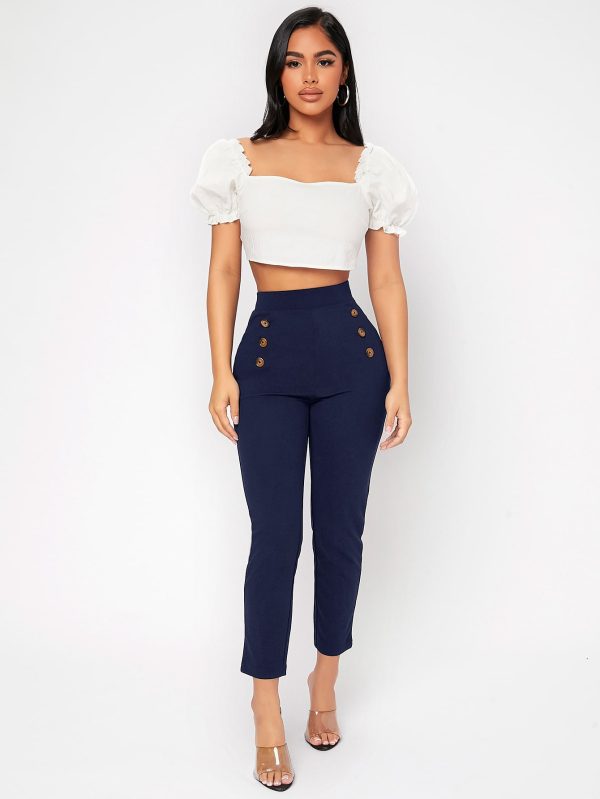 High Waist Double Button Skinny Cropped Pants