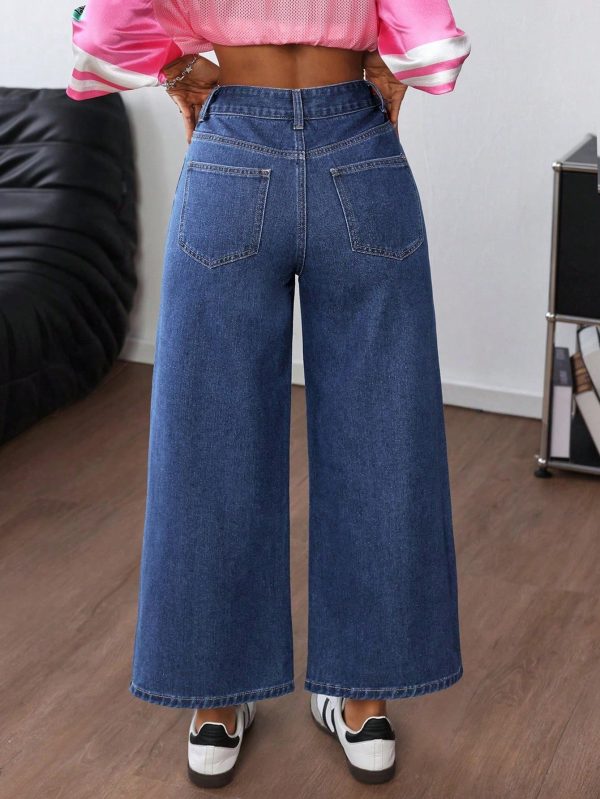 Women's Casual Zipper Front Wide Leg Jeans