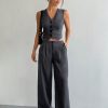 2pcs Women's Casual Solid Color Single-Breasted V-Neck Vest And Pleated Pants Set, Summer