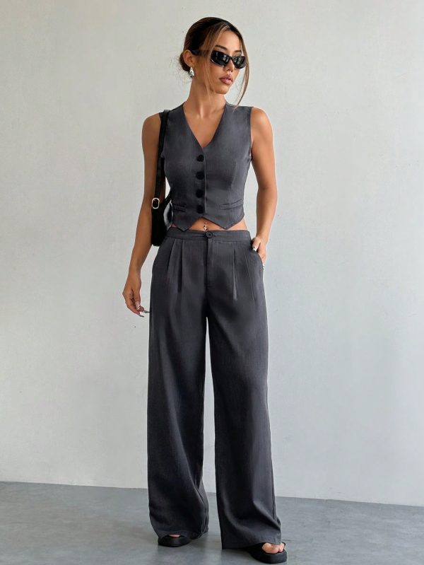 2pcs Women's Casual Solid Color Single-Breasted V-Neck Vest And Pleated Pants Set, Summer
