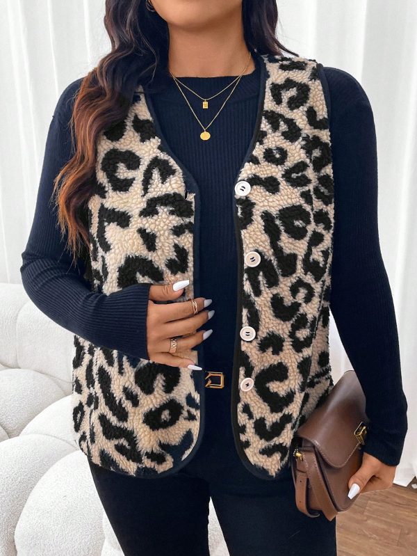 Plus Size Women Sleeveless Leopard Print Fleece Lined Vest