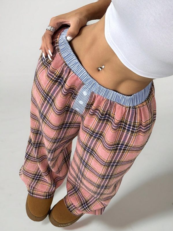 Color-Block Plaid Printed Button Accented Casual Loose Pants