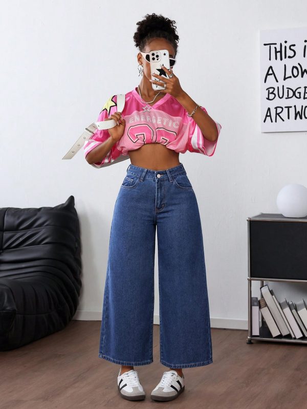 Women's Casual Zipper Front Wide Leg Jeans