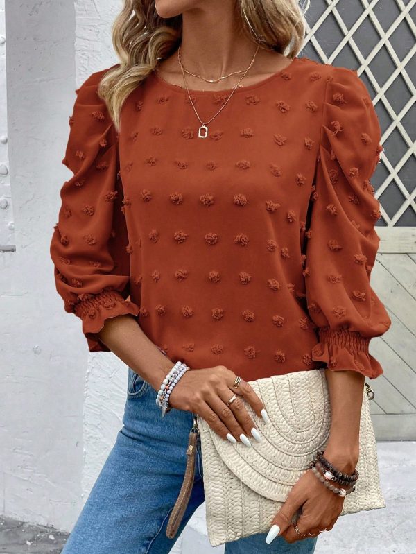 Women's Casual Solid Color Cutout Puff Sleeve Blouse For Autumn