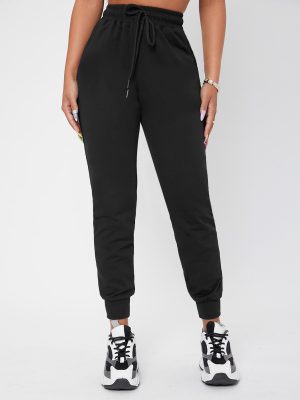 Solid Drawstring Waist Black Sweatpants
