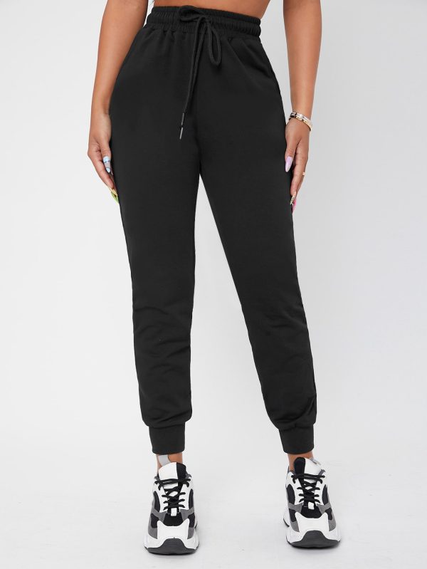 Solid Drawstring Waist Black Sweatpants