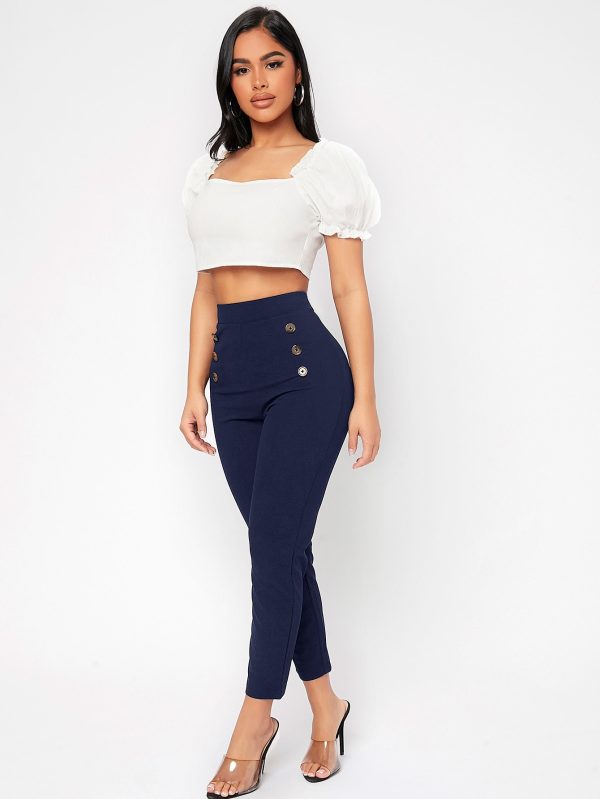 High Waist Double Button Skinny Cropped Pants