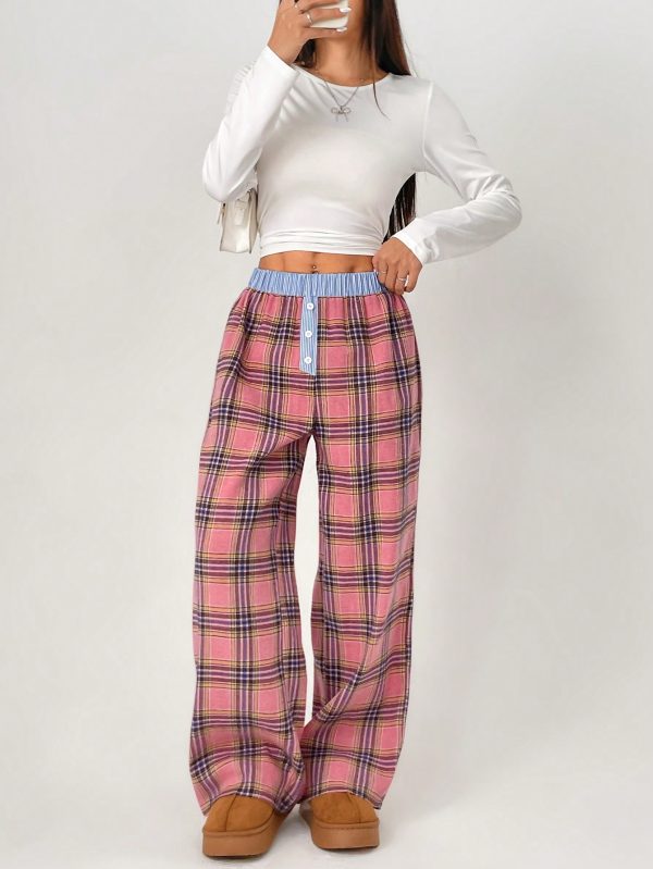 Color-Block Plaid Printed Button Accented Casual Loose Pants