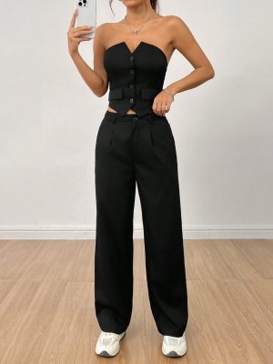 Ladies' Plain Strapless Top With Single-Breasted Button And Pants Two Piece Set