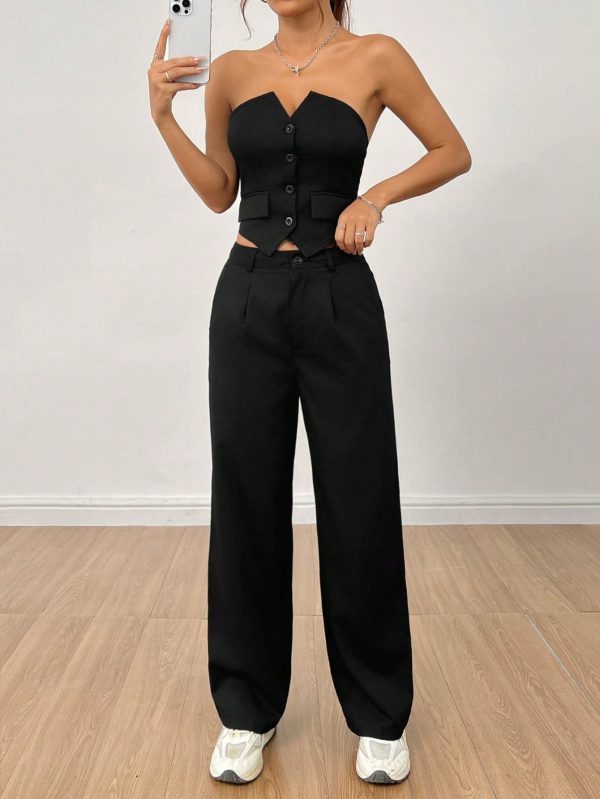 Ladies' Plain Strapless Top With Single-Breasted Button And Pants Two Piece Set
