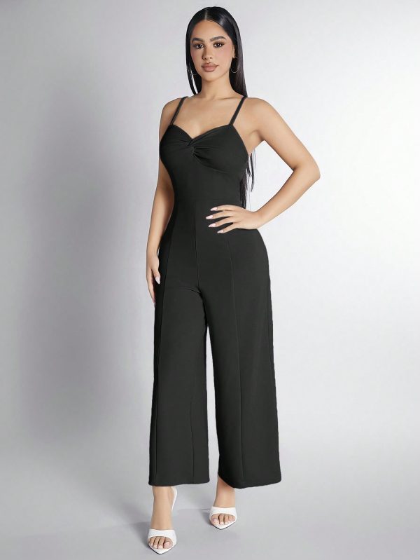 Solid Color Twist Strap Wide Leg Jumpsuit