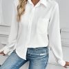 1pc Women Casual Front Pocket Long Sleeve White Blouse, Autumn