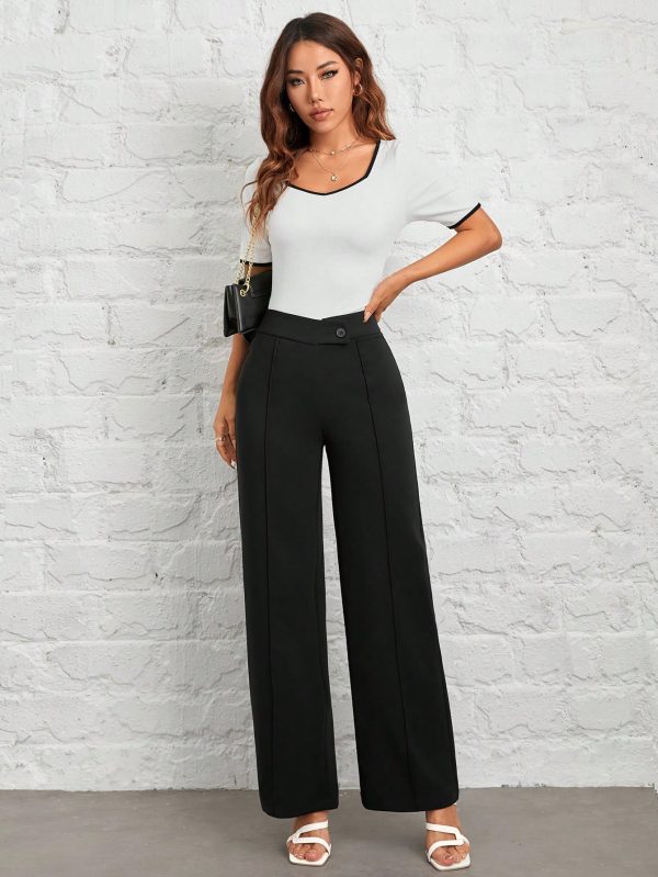Spring/Summer Overlapping Waist Seam Black Trousers Wide Leg Pants