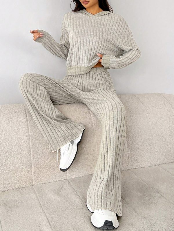 Knit Drop Shoulder Drawstring Hoodie & Pants, Fall Two Piece Outfit
