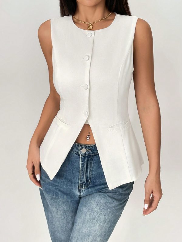 Solid Round Neck Button Front Vest Blazer
