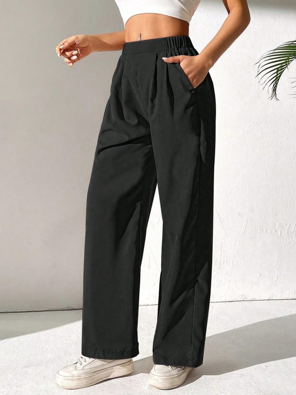 High Waist Pleated Details Elastic Waist Slant Pockets Versatile Wide Leg Pants.