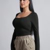 Square Neck Ruched Side Spring Women Outfit Black Tee
