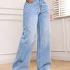Women Casual Pockets Wide-Leg Loose Fit Denim Jeans