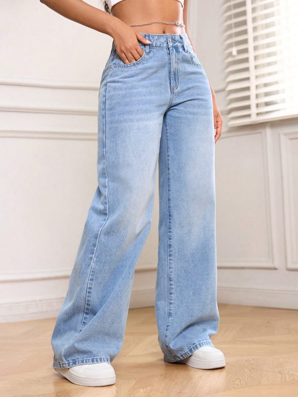 Women Casual Pockets Wide-Leg Loose Fit Denim Jeans