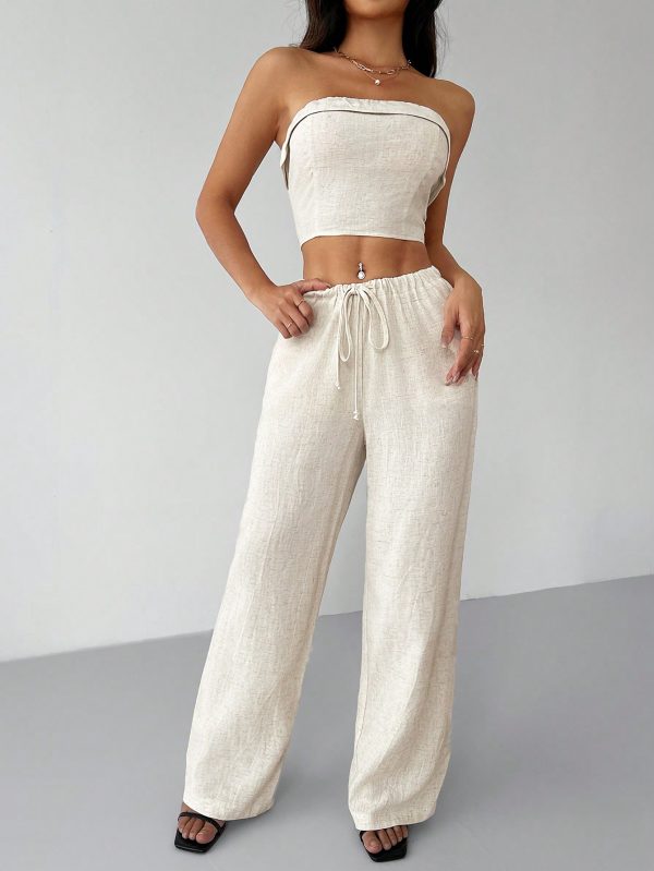 Linen Fabrics Solid Color Halter Top And Pants Casual Set
