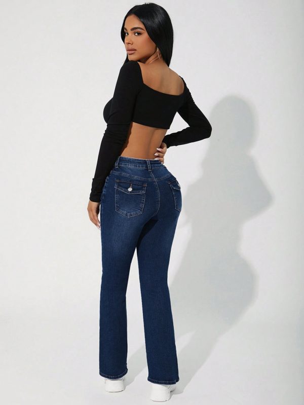 Denim Flare Pants With Front Button Closure