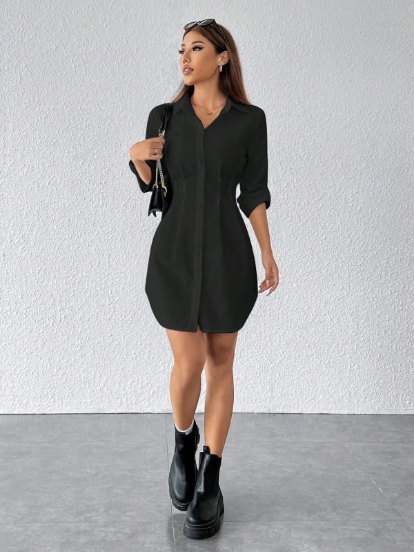 Casual Minimalist Solid Color Button Front Shirt Dress, For Autumn
