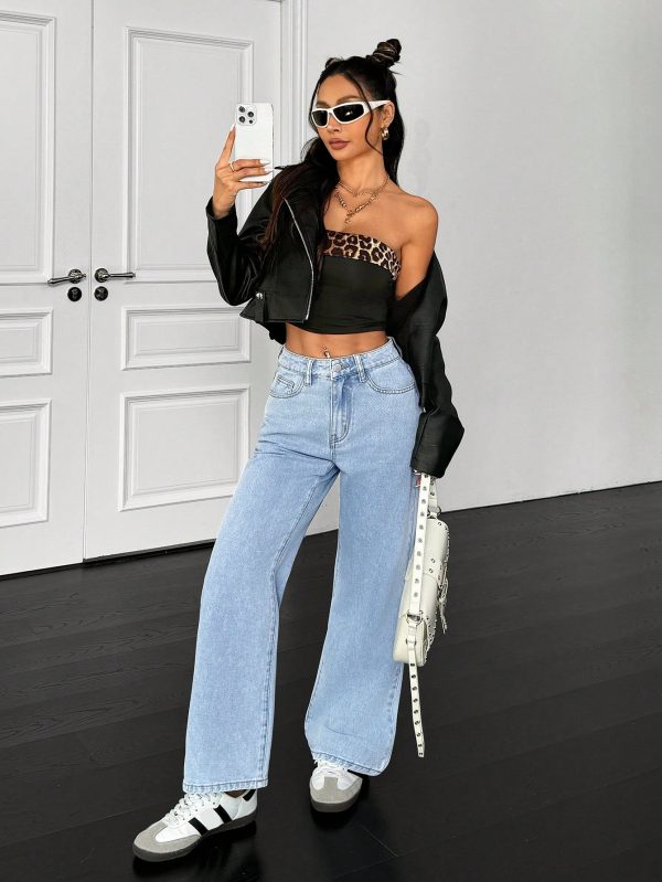 Women's Fashion Versatile Washed Slant Pocket Loose Wide Leg Jeans