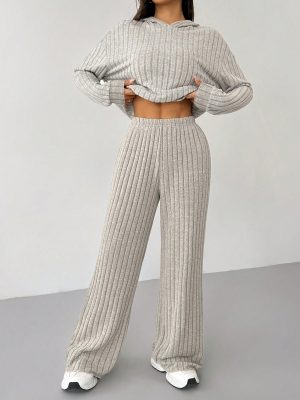 Knit Drop Shoulder Drawstring Hoodie & Pants, Fall Two Piece Outfit