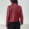 Women Solid Minimal Collared Long Sleeve Zip Up Red PU Leather Jacket