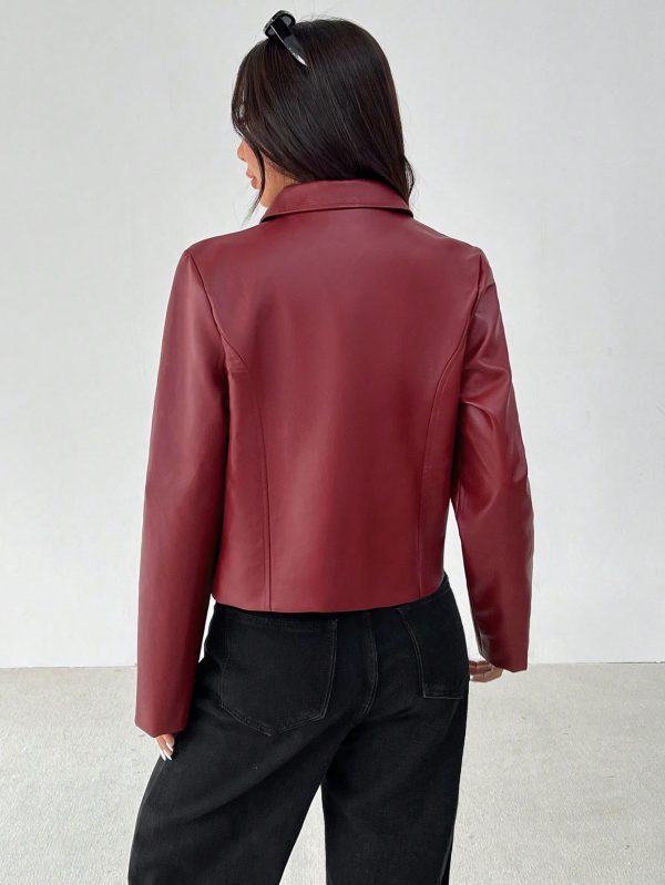 Women Solid Minimal Collared Long Sleeve Zip Up Red PU Leather Jacket