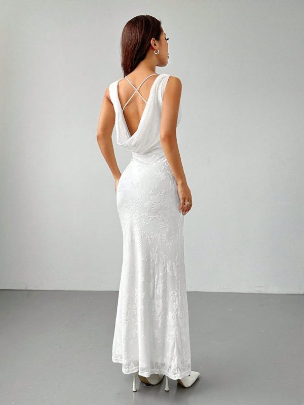 Floral Jacquard Backless Elegant Cocktail Dress, Velvet Graduation Dress, Fall Women Dresses