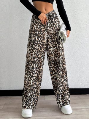 Low Elastic Waistband Pants With Leopard Design