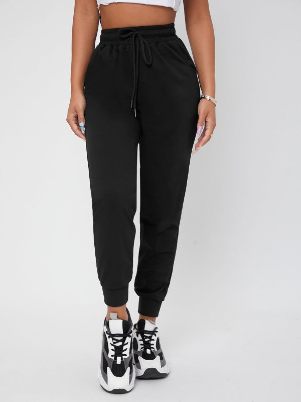 Solid Drawstring Waist Black Sweatpants