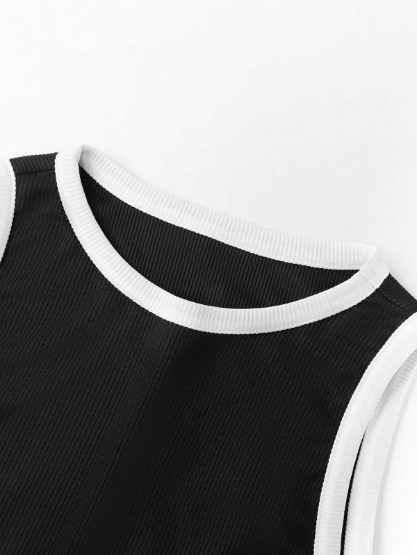2pcs/Set Women Sleeveless Round Neck Top And Drawstring Two-Tone Flounced Hem Pants
