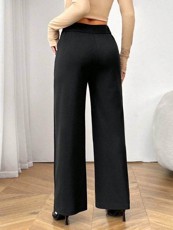 Commuting Elegant Irregular Waist Button Zipper Straight Pants Women's Black Trousers