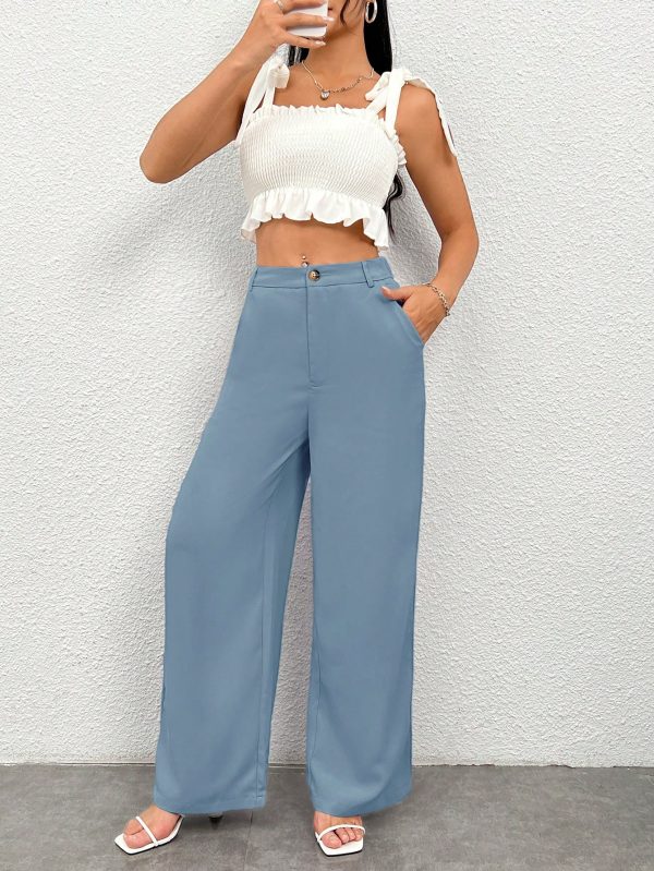 Women's Solid Color Button Zipper Straight Leg Casual Pants