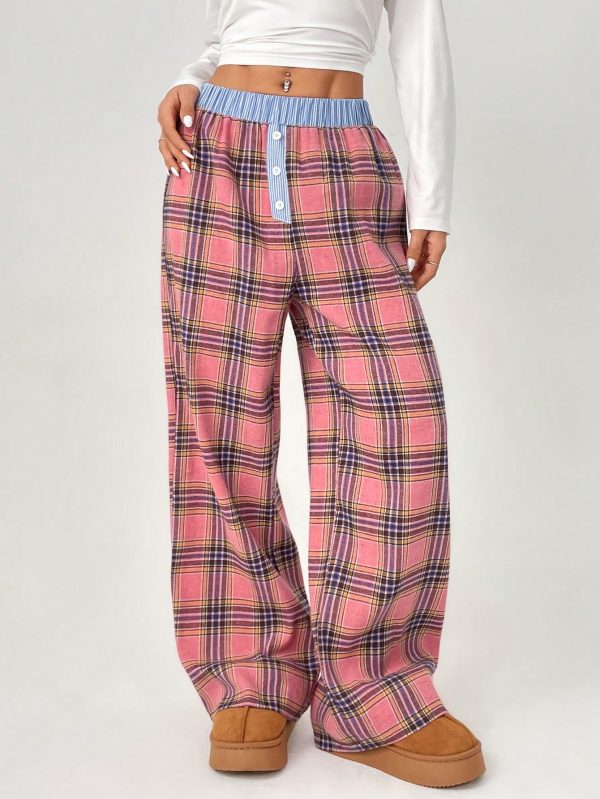 Color-Block Plaid Printed Button Accented Casual Loose Pants