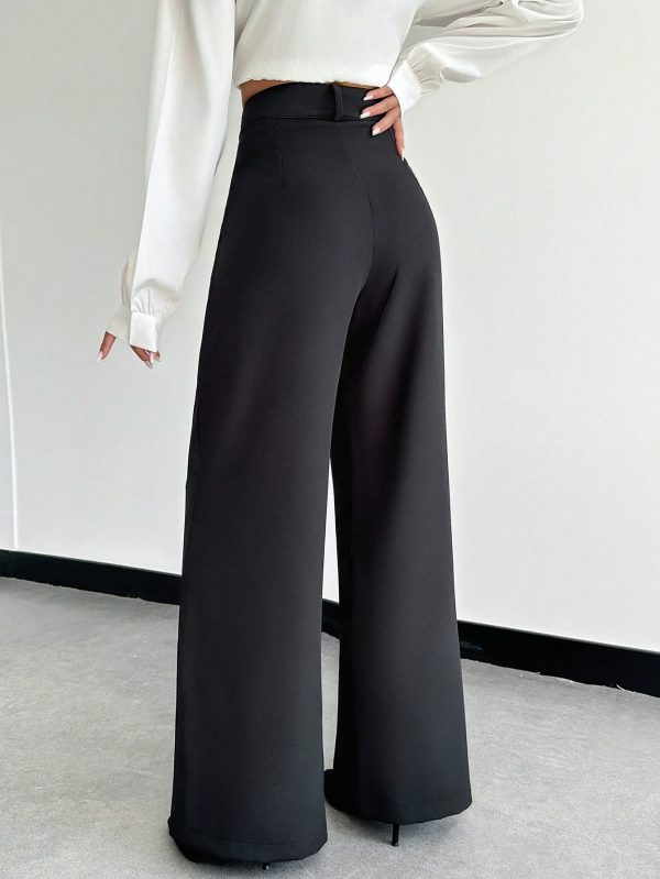 Solid Slant Pocket Wide Leg Suit Pants