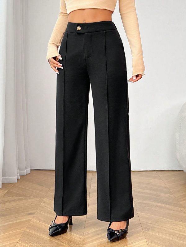 Commuting Elegant Irregular Waist Button Zipper Straight Pants Women's Black Trousers